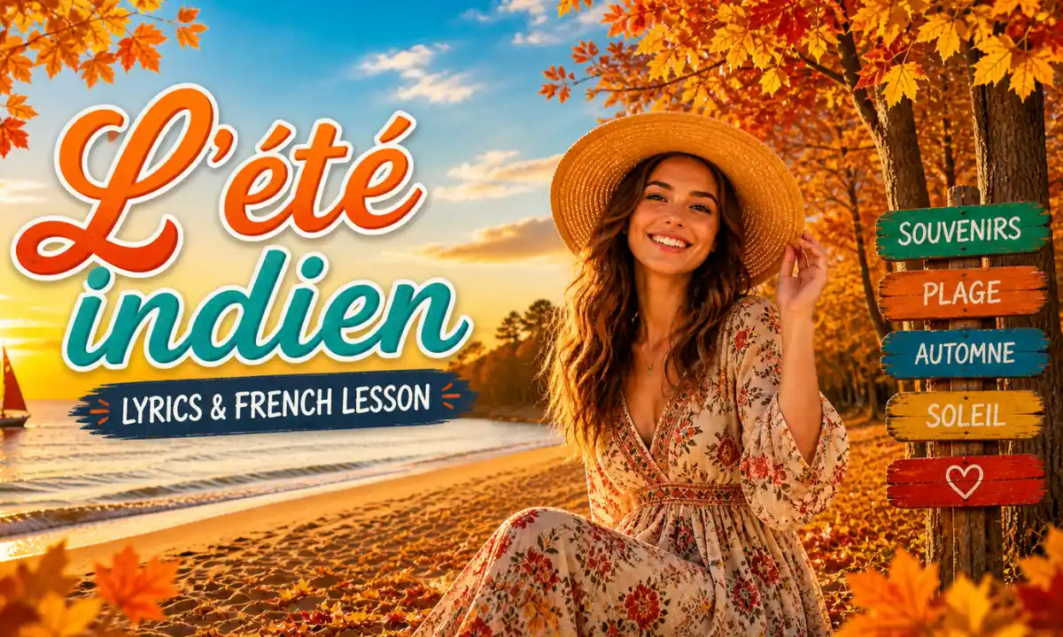 L&rsquo;&eacute;t&eacute; indien lyrics &mdash; bright autumn beach scene with smiling woman in long dress facing camera, golden sunset, colorful leaves, sailboat on calm sea, and warm Indian summer atmosphere