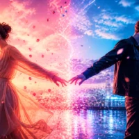 Ma meilleure ennemie lyrics &mdash; couple pulled apart, warm pink and cool blue split, glowing divide, petals and city lights