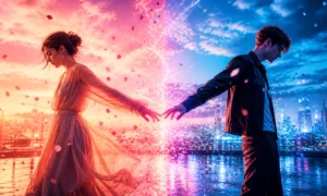 Ma meilleure ennemie lyrics — couple pulled apart, warm pink and cool blue split, glowing divide, petals and city lights