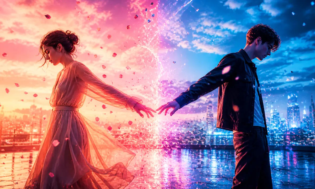 Ma meilleure ennemie lyrics &mdash; couple pulled apart, warm pink and cool blue split, glowing divide, petals and city lights