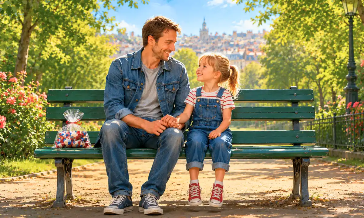 Mistral gagnant lyrics — Father and young daughter sitting together on a park bench on a bright sunny day, holding hands beside nostalgic French candies and pigeons, warm nostalgic atmosphere inspired by childhood memories.
