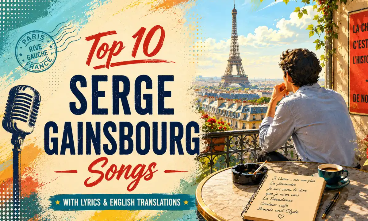 Serge Gainsbourg songs — vintage Paris balcony scene with microphone poster silhouette, smoking café table, and Eiffel Tower skyline.