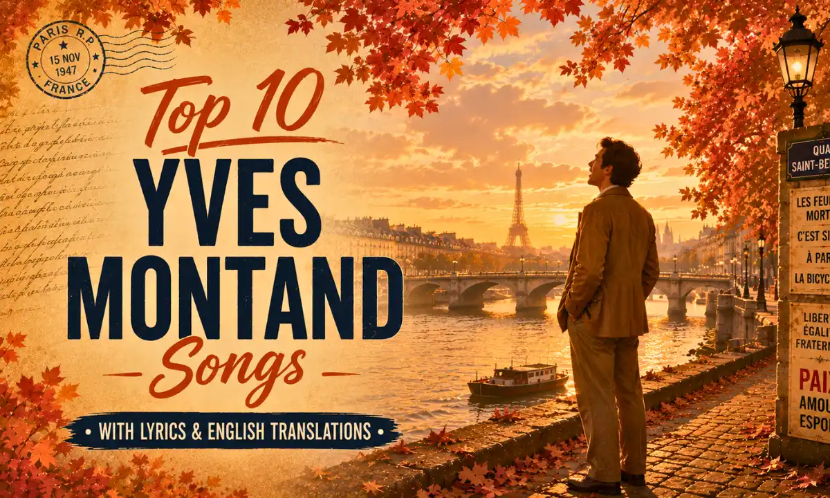 Yves Montand songs autumn Paris riverside scene with singer silhouette overlooking the Seine at sunset and Eiffel Tower in vintage postwar French style.