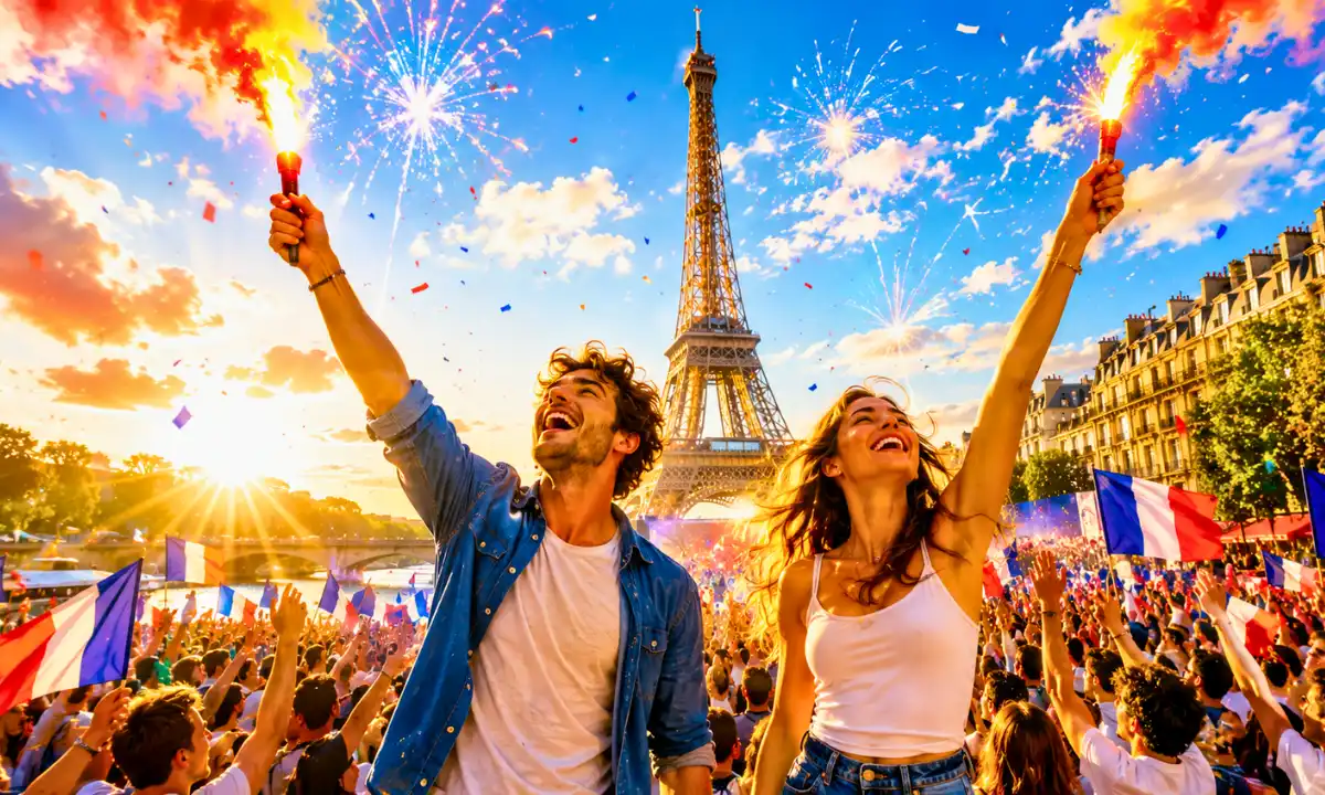 Lyrics of "Allumer le feu" &mdash; A cheering crowd beneath the Eiffel Tower in Paris, symbolizing renewal, hope, and the courage to move forward.