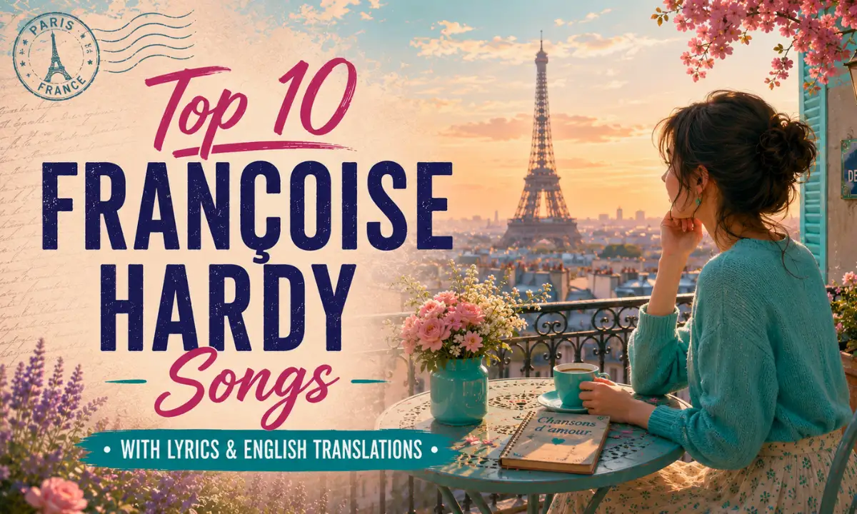 Fran&ccedil;oise Hardy songs &mdash; Paris balcony scene with a young woman overlooking the Eiffel Tower, surrounded by flowers and vintage French music-inspired details.