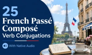 25 French passé composé verb conjugations with native audio beside a Paris café scene.
