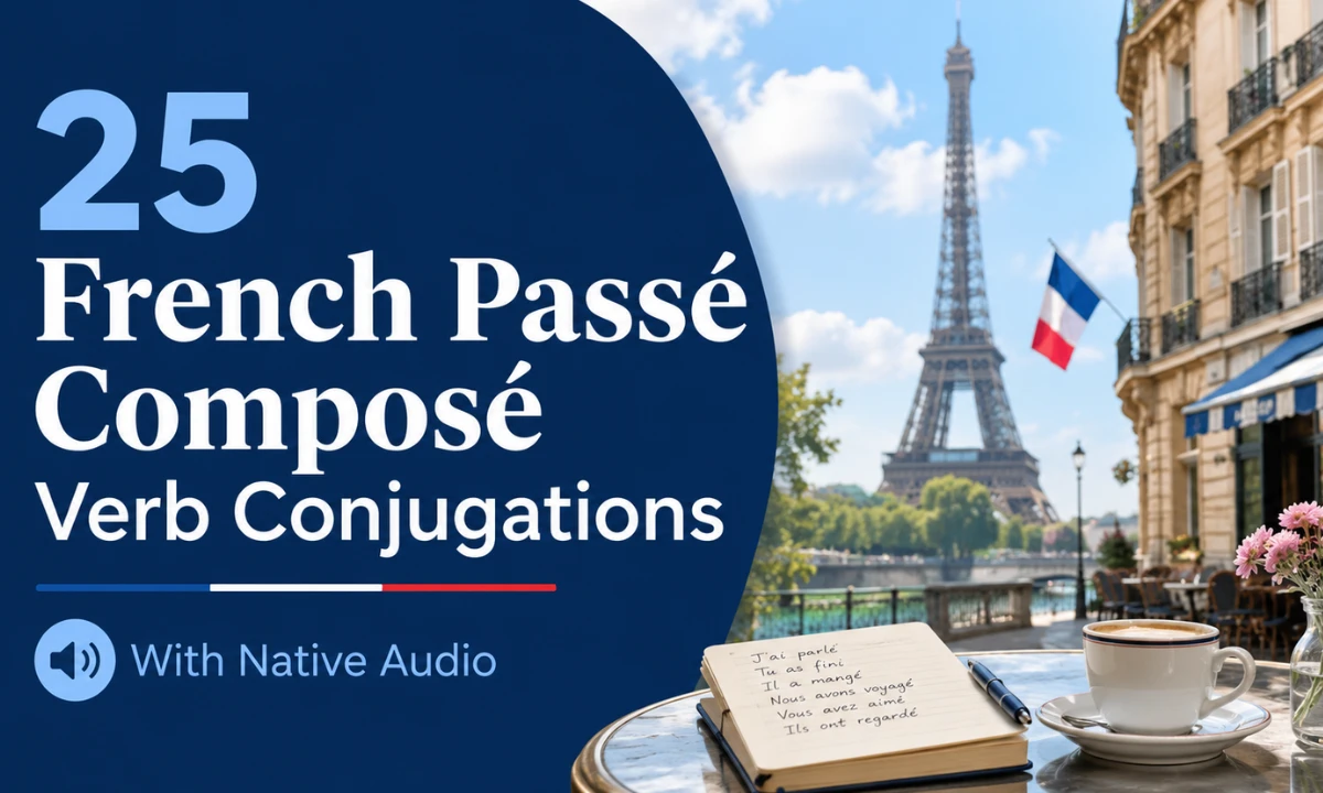 25 French pass&eacute; compos&eacute; verb conjugations with native audio beside a Paris caf&eacute; scene.
