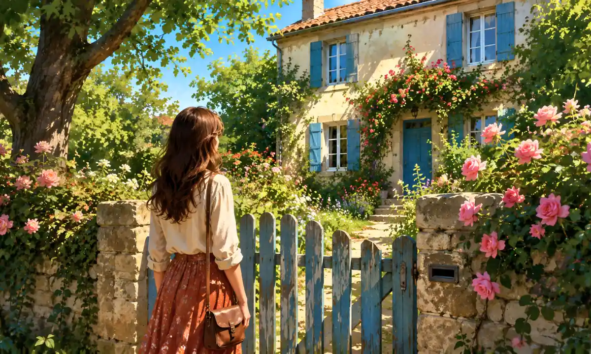 Lyrics of "La maison o&ugrave; j'ai grandi" &mdash; A young woman stands outside the gate of her childhood home, gazing at a garden filled with roses and trees, symbolizing nostalgia, cherished memories, and the passage of time.
