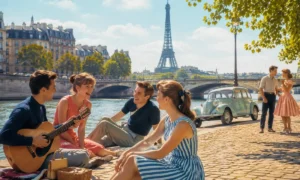 Lyrics of "Le temps de l'amour" — A joyful group of young friends gathered along the Seine in 1960s Paris beneath the Eiffel Tower, symbolizing the warmth, friendship, and carefree memories of youth.