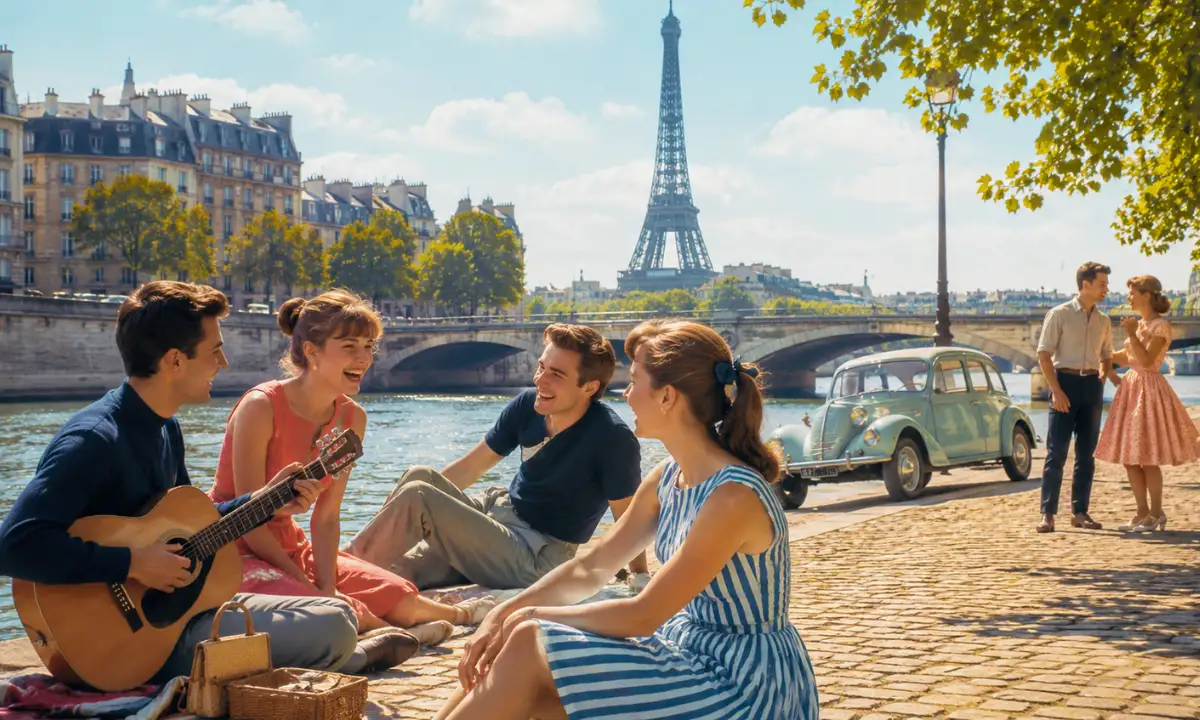Lyrics of "Le temps de l'amour" &mdash; A joyful group of young friends gathered along the Seine in 1960s Paris beneath the Eiffel Tower, symbolizing the warmth, friendship, and carefree memories of youth.