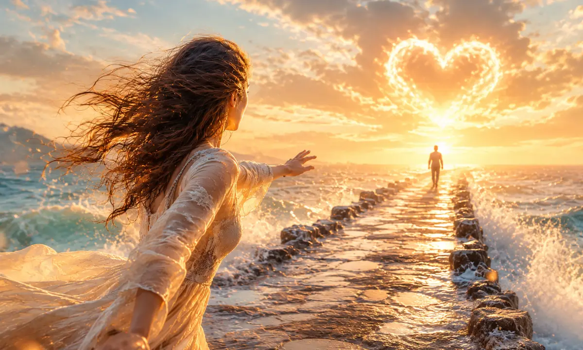 Lyrics of "Pour que tu m'aimes encore" &mdash; A young woman reaches out on a bright seaside pier toward a distant figure, with a glowing heart in the sky suggesting her desire to be loved again.