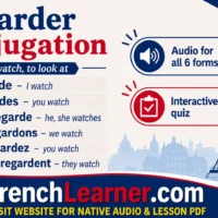 Regarder — to watch, to look at — French verb conjugation chart with six tenses: present, passé composé, imperfect, future, conditional, and subjunctive.