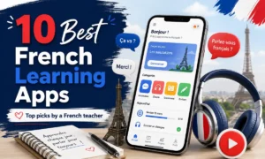 10 Best French Learning Apps featuring a smartphone with a French lesson, headphones, speech bubbles, and Paris-themed graphics.