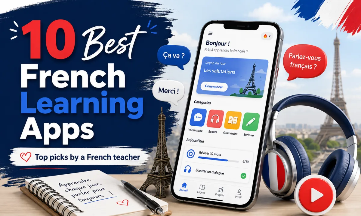 10 Best French Learning Apps featuring a smartphone with a French lesson, headphones, speech bubbles, and Paris-themed graphics.