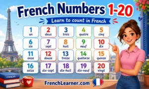 French numbers 1-20 with French words, a Paris background, Eiffel Tower, and illustrated teacher pointing to the numbers.